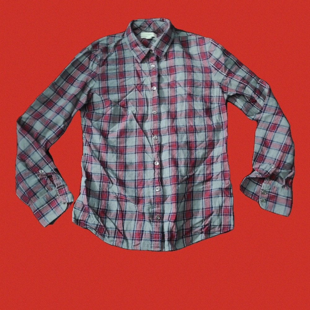 J.Crew Boys Gray Short Plaid Collared Button Long Sleeve Size 6